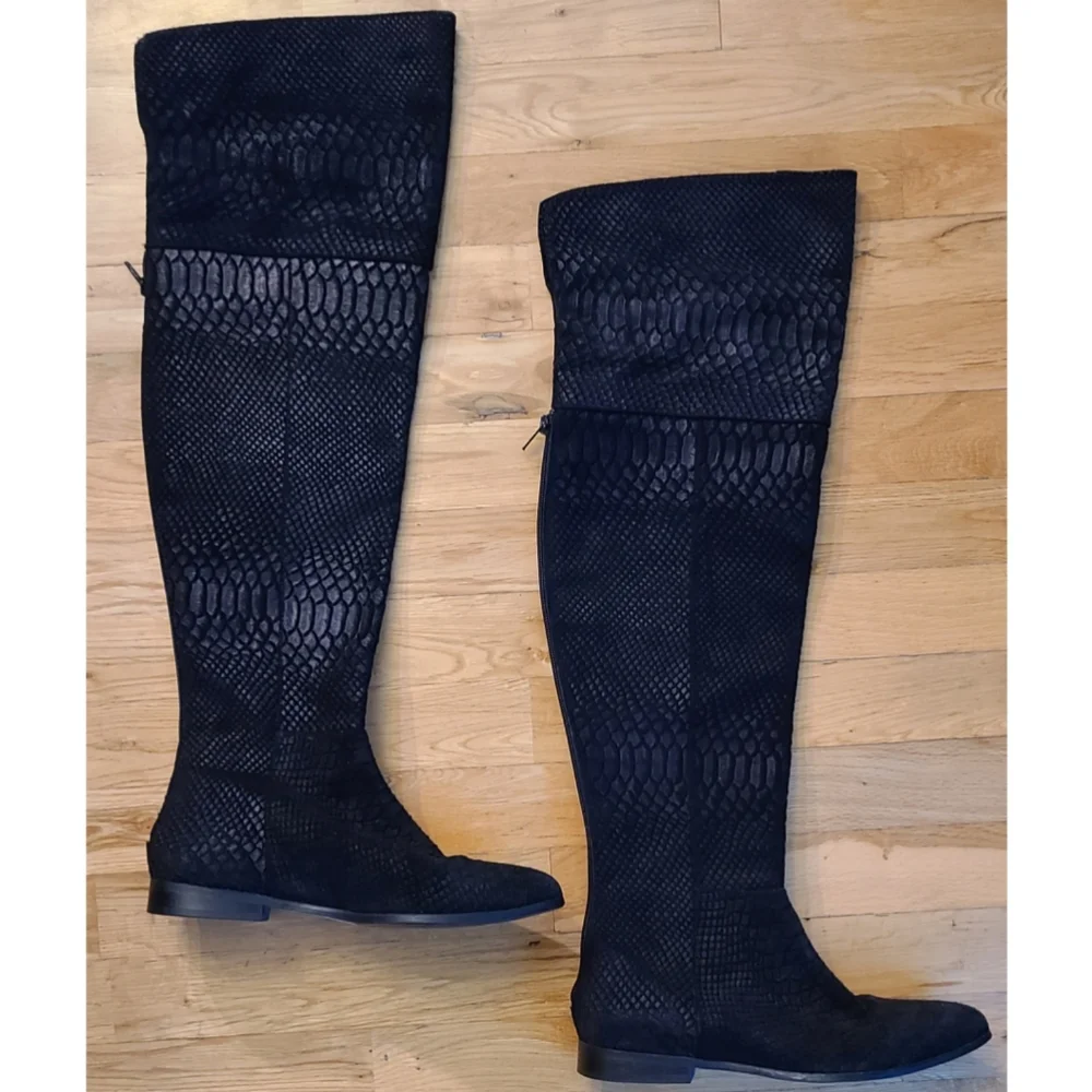 Seychelles Anthropologie Black Victory Croc Over The Knee Boots Leather Size 7